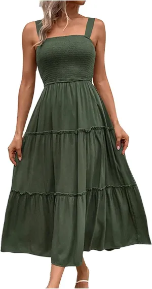 Womens Spaghetti Strap Smocked Midi Dresses Simple Solid Color Sun Dresses Trendy Flowy Tiered Beach Dress