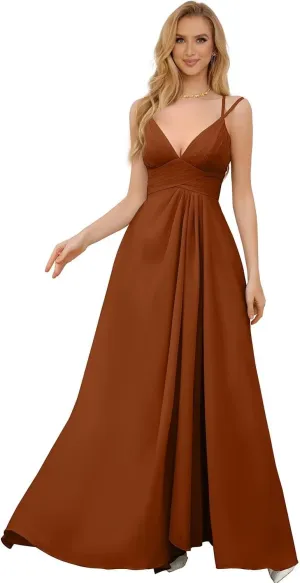 Women's Spaghetti Straps Bridesmaid Dresses Long Simple Chiffon Evening Formal Dress with Slits Pleated A Line Cocktail Gown