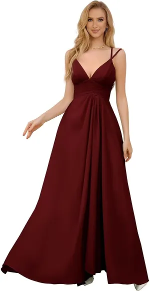 Women's Spaghetti Straps Bridesmaid Dresses Long Simple Chiffon Evening Formal Dress with Slits Pleated A Line Cocktail Gown