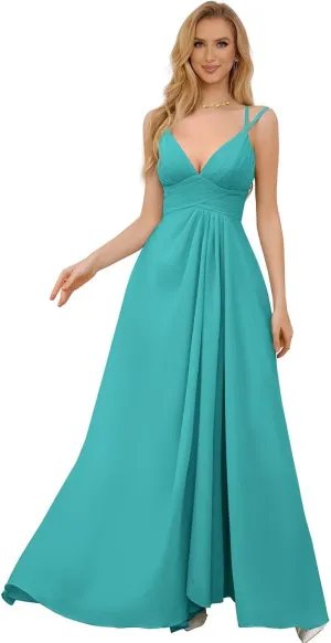 Women's Spaghetti Straps Bridesmaid Dresses Long Simple Chiffon Evening Formal Dress with Slits Pleated A Line Cocktail Gown