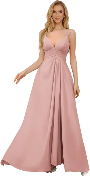 Women's Spaghetti Straps Bridesmaid Dresses Long Simple Chiffon Evening Formal Dress with Slits Pleated A Line Cocktail Gown