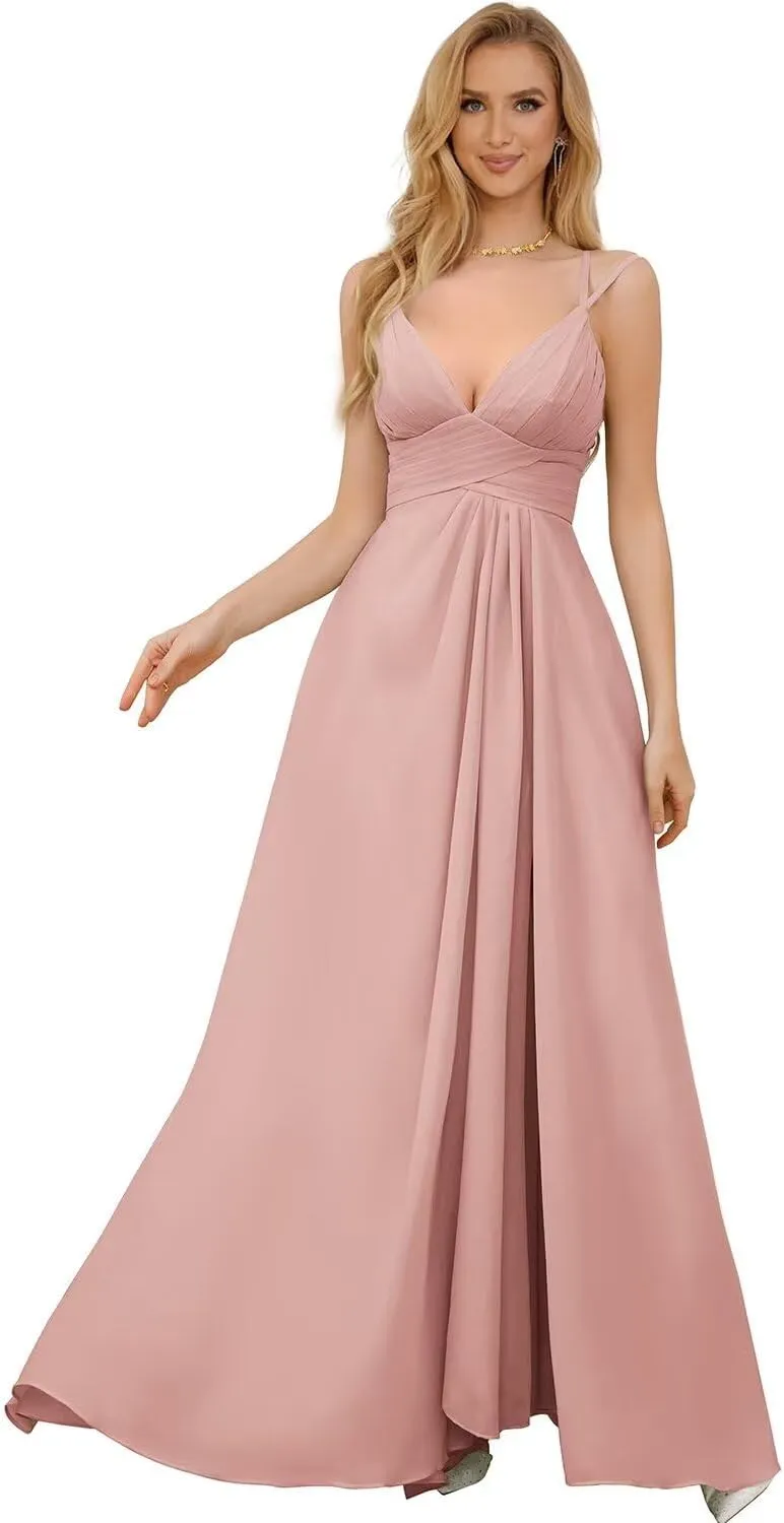 Women's Spaghetti Straps Bridesmaid Dresses Long Simple Chiffon Evening Formal Dress with Slits Pleated A Line Cocktail Gown
