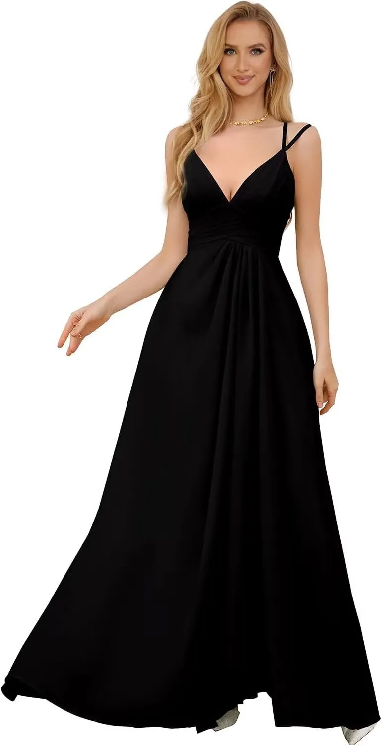 Women's Spaghetti Straps Bridesmaid Dresses Long Simple Chiffon Evening Formal Dress with Slits Pleated A Line Cocktail Gown