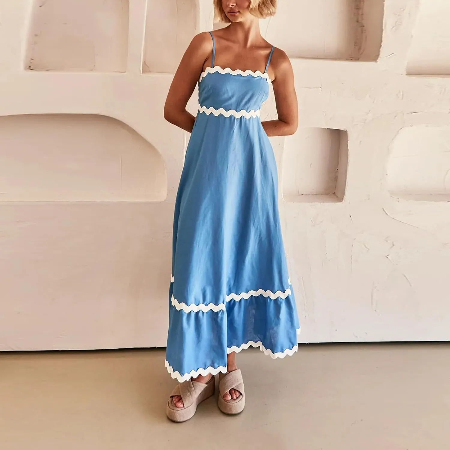Women's Spring Dress Sleeveless Strapless Halter 2024 Casual Loose Solid Color Printed Maxi Dresses, S-3XL