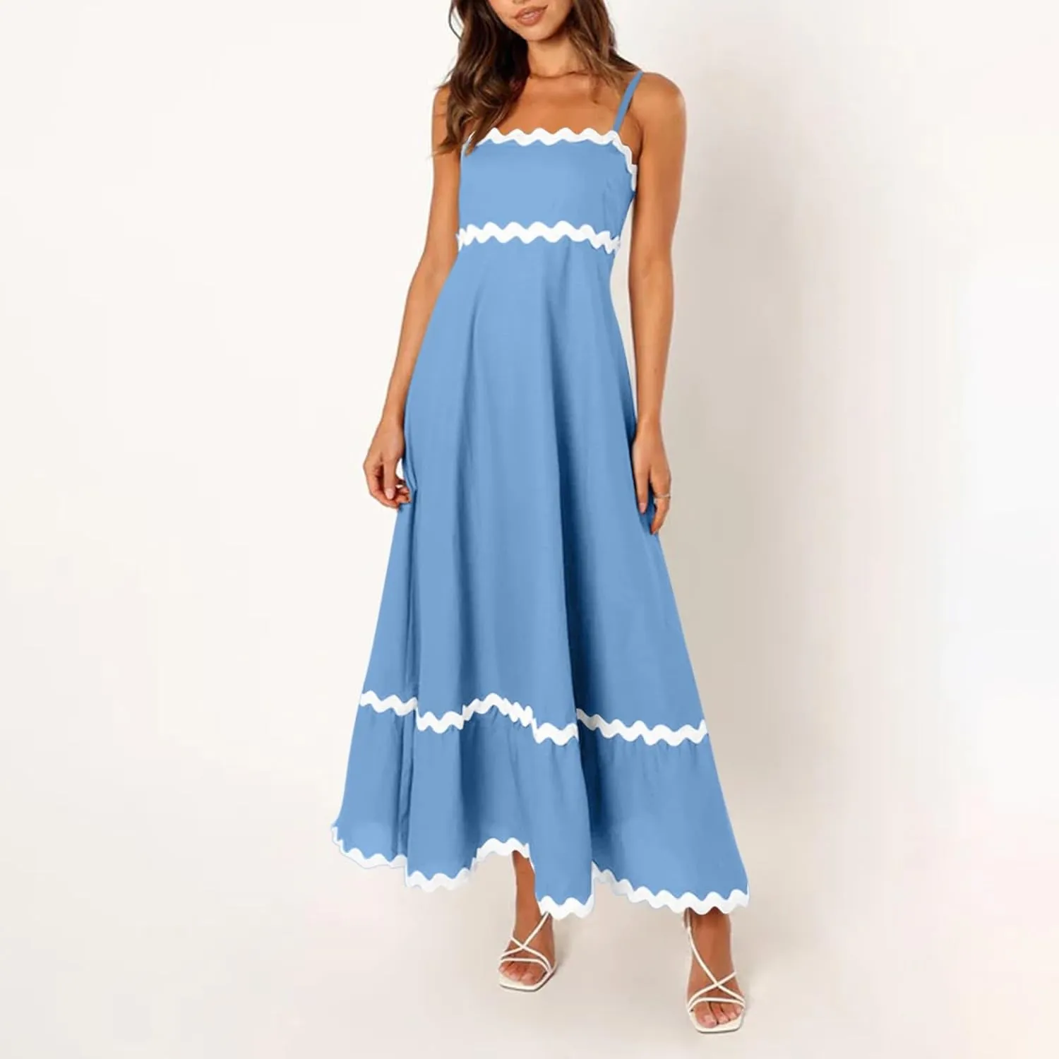 Women's Spring Dress Sleeveless Strapless Halter 2024 Casual Loose Solid Color Printed Maxi Dresses, S-3XL