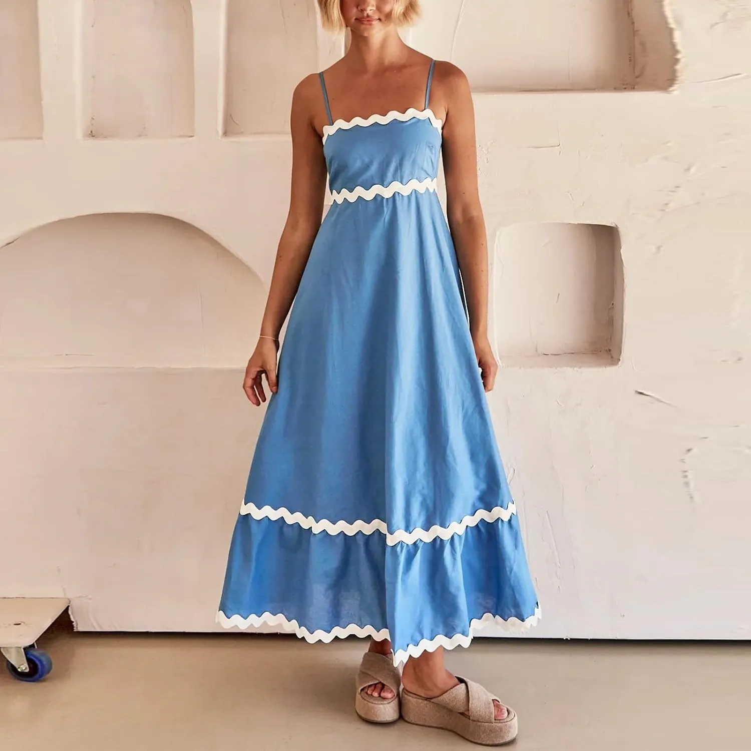 Women's Spring Dress Sleeveless Strapless Halter 2024 Casual Loose Solid Color Printed Maxi Dresses, S-3XL