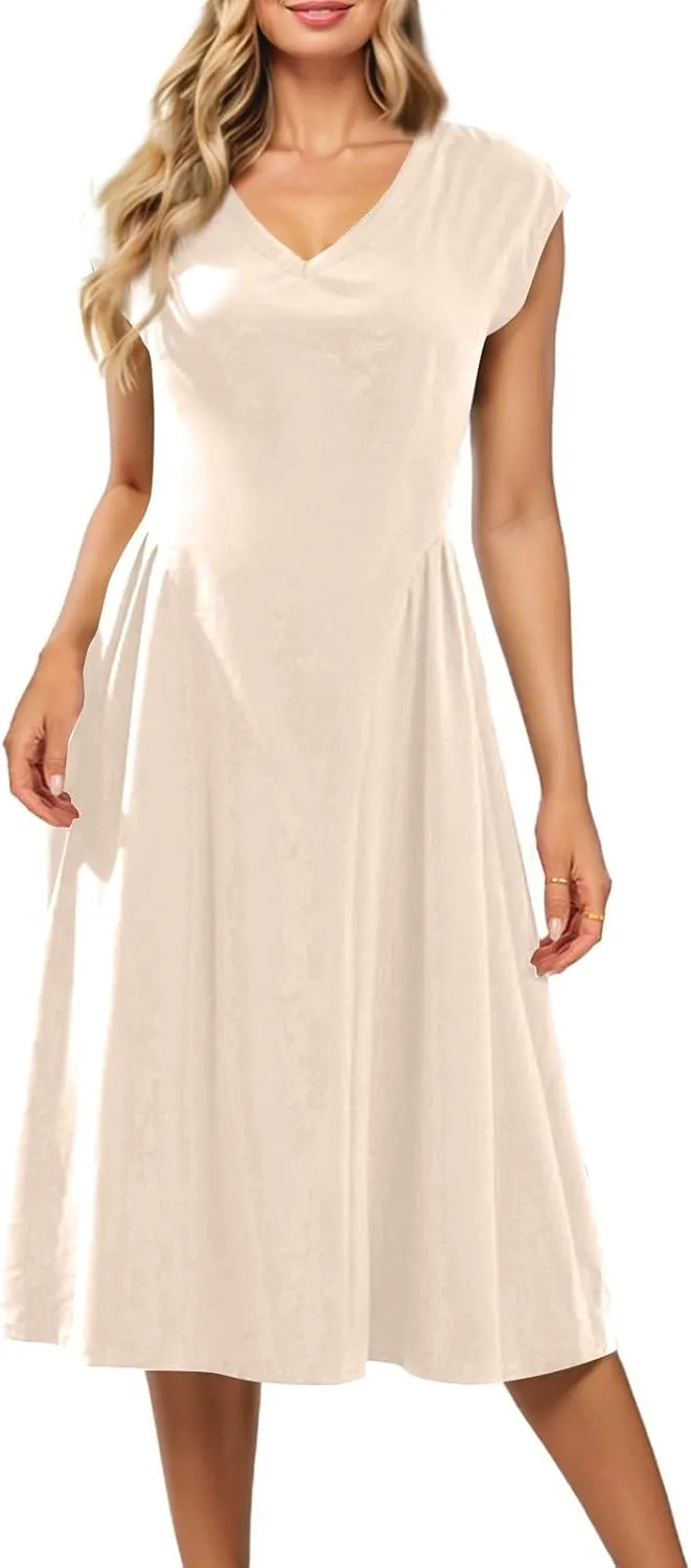 Women's Spring Dresses 2025 V Neck Cap Sleeve Solid Color Ruffle Boho Flowy Midi Beach Party Sundress Casual