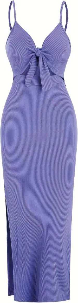 Women's Spring Summer Knit Simple Sleeveless Suspender Dress in Leaking Back Sexy Long Skirt