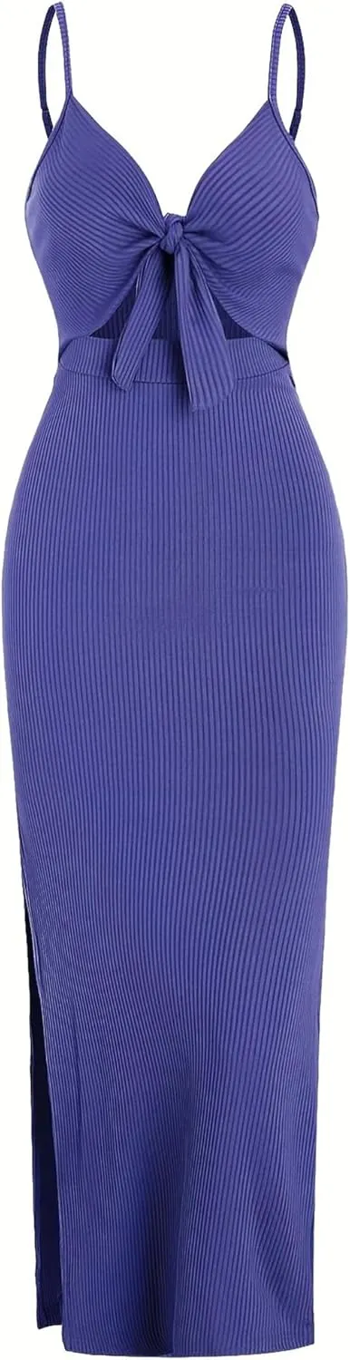 Women's Spring Summer Knit Simple Sleeveless Suspender Dress in Leaking Back Sexy Long Skirt
