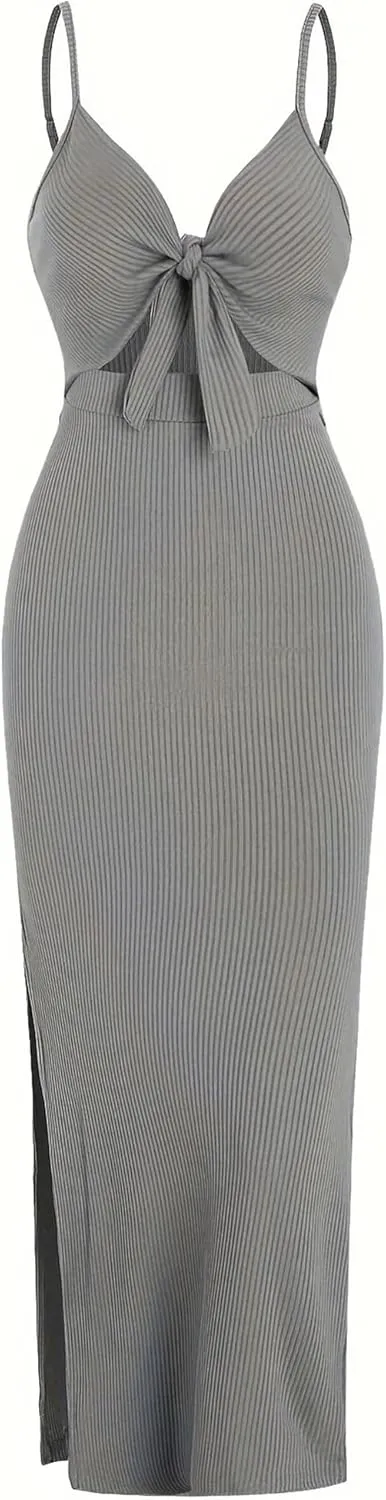 Women's Spring Summer Knit Simple Sleeveless Suspender Dress in Leaking Back Sexy Long Skirt