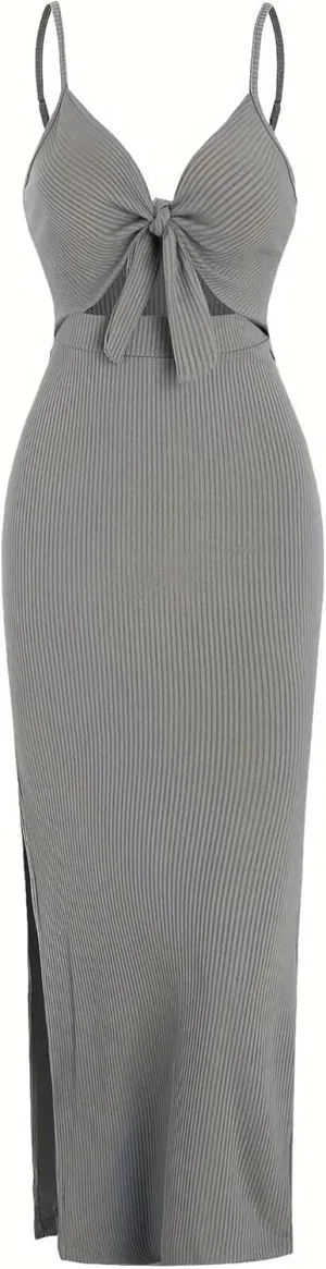 Women's Spring Summer Knit Simple Sleeveless Suspender Dress in Leaking Back Sexy Long Skirt