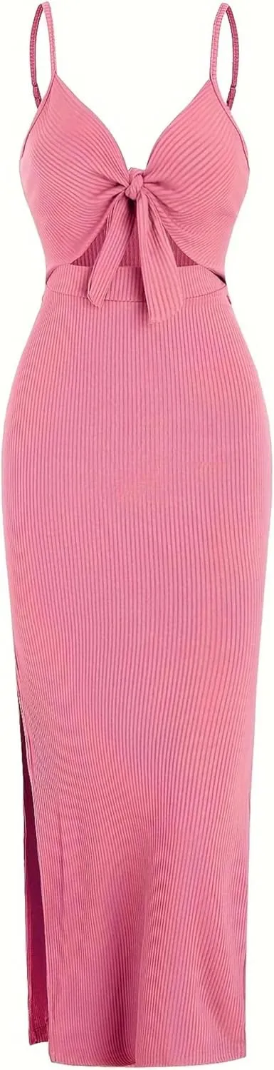 Women's Spring Summer Knit Simple Sleeveless Suspender Dress in Leaking Back Sexy Long Skirt