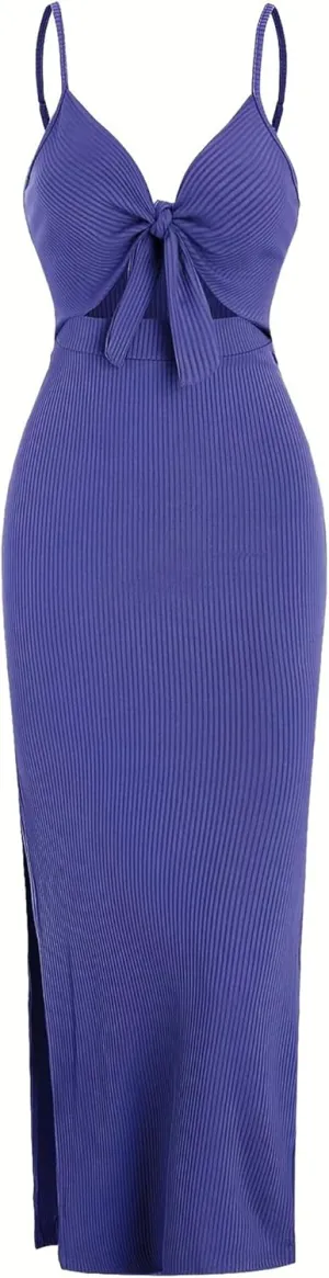 Women's Spring Summer Knit Simple Sleeveless Suspender Dress in Leaking Back Sexy Long Skirt