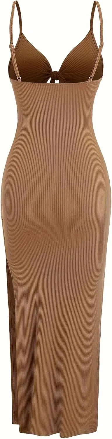 Women's Spring Summer Knit Simple Sleeveless Suspender Dress in Leaking Back Sexy Long Skirt