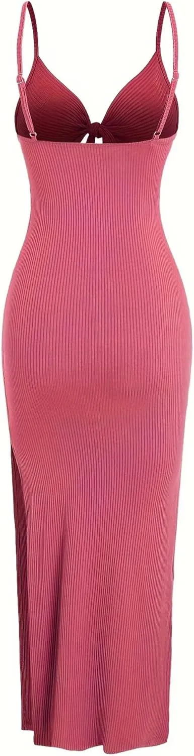 Women's Spring Summer Knit Simple Sleeveless Suspender Dress in Leaking Back Sexy Long Skirt