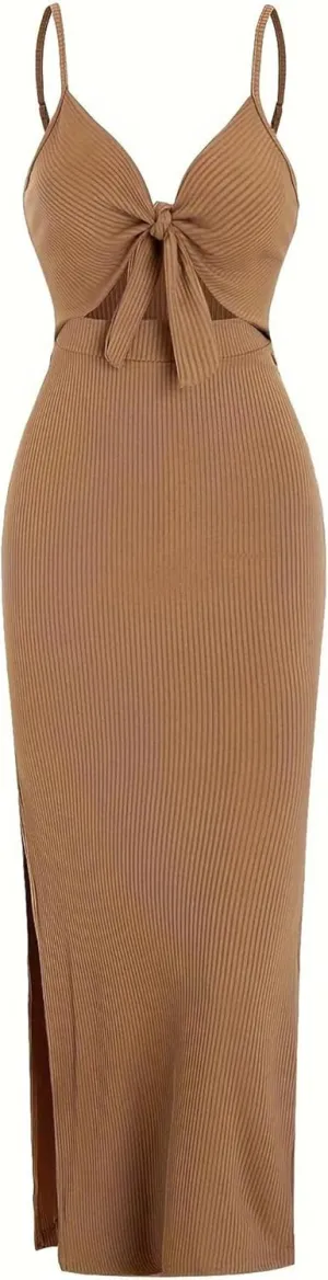 Women's Spring Summer Knit Simple Sleeveless Suspender Dress in Leaking Back Sexy Long Skirt