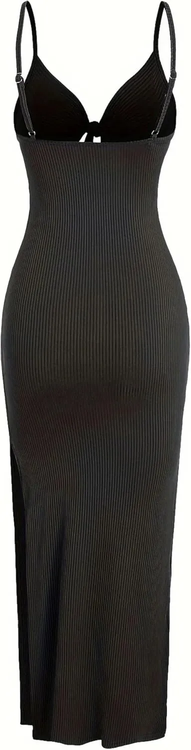 Women's Spring Summer Knit Simple Sleeveless Suspender Dress in Leaking Back Sexy Long Skirt