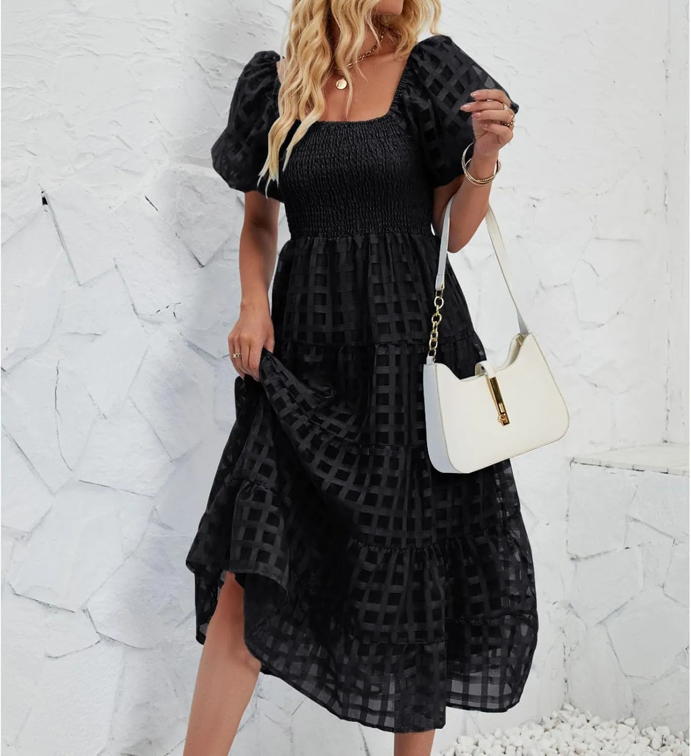Women's Summer Boho Floral Print Long Dresses Square Neck Ruffle Short Sleeve Swing Beach Maxi Dress for Spring