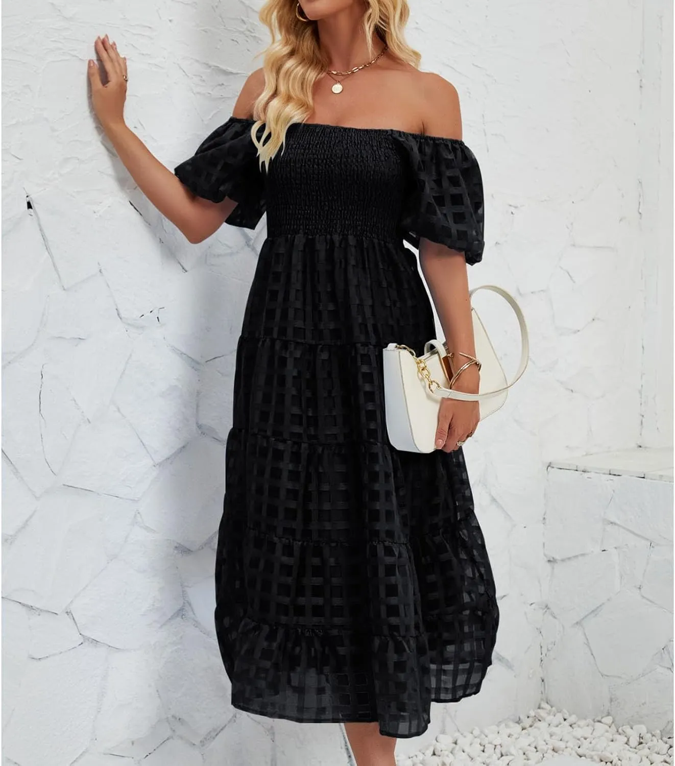 Women's Summer Boho Floral Print Long Dresses Square Neck Ruffle Short Sleeve Swing Beach Maxi Dress for Spring
