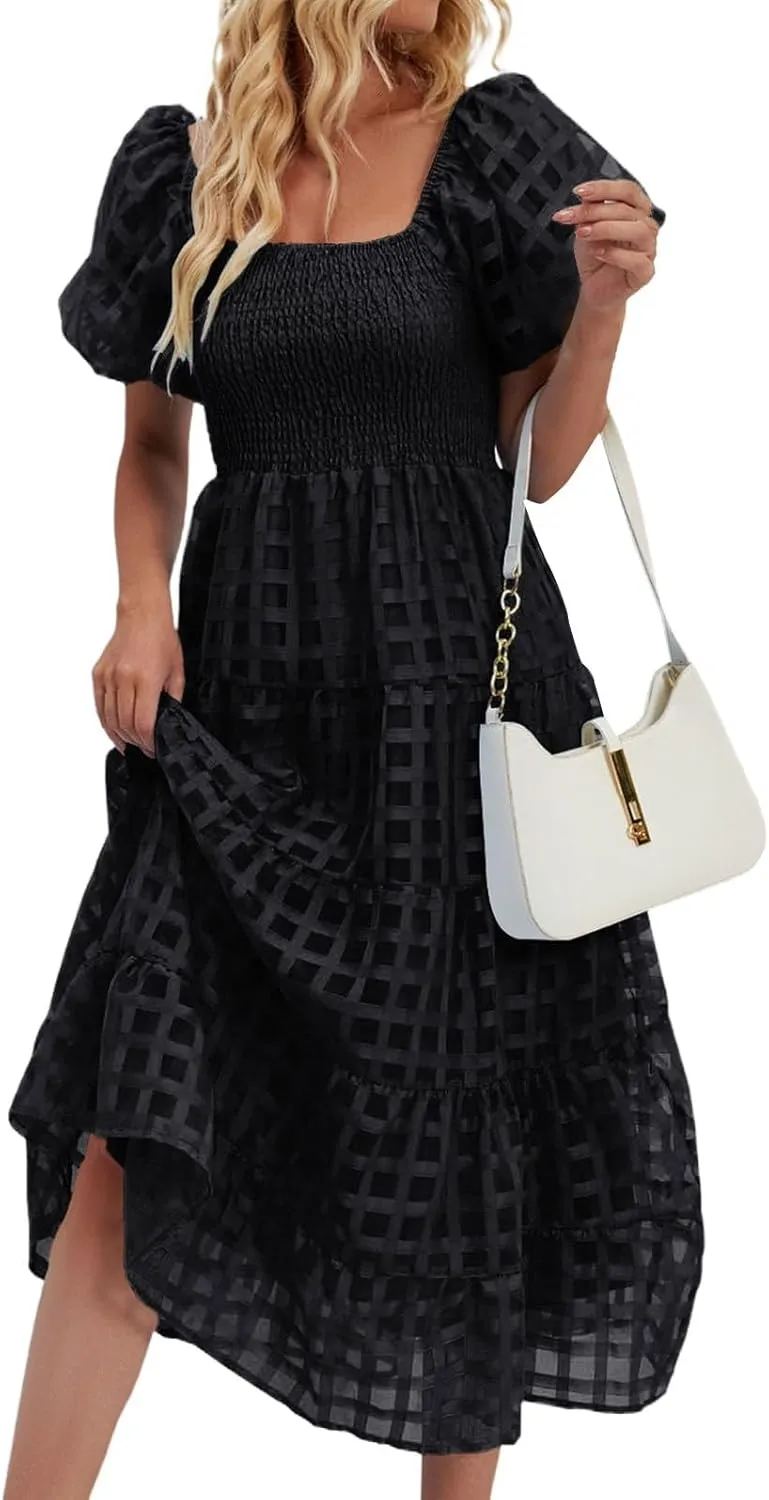 Women's Summer Boho Floral Print Long Dresses Square Neck Ruffle Short Sleeve Swing Beach Maxi Dress for Spring