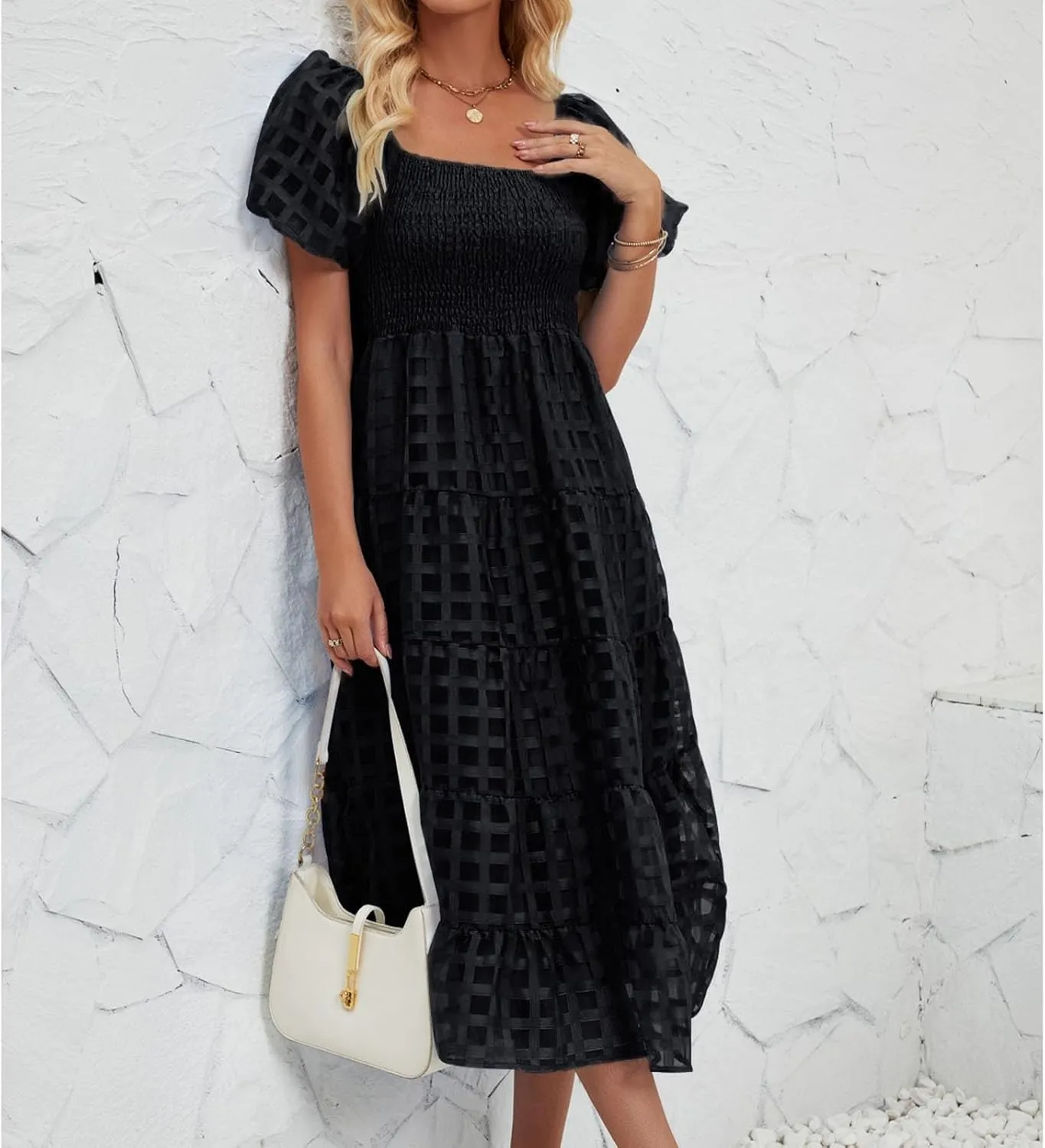 Women's Summer Boho Floral Print Long Dresses Square Neck Ruffle Short Sleeve Swing Beach Maxi Dress for Spring