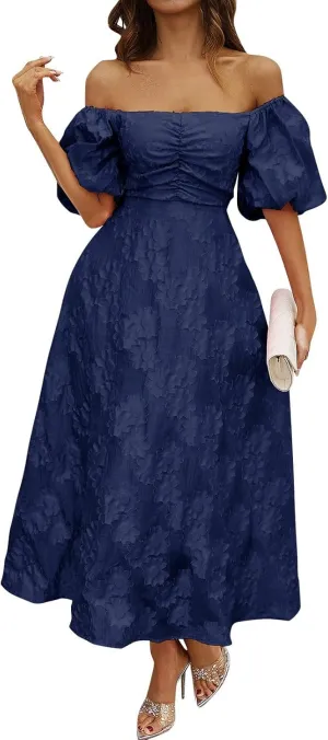 Women's Summer Boho Floral Print Long Dresses Square Neck Ruffle Short Sleeve Swing Beach Maxi Dress for Spring