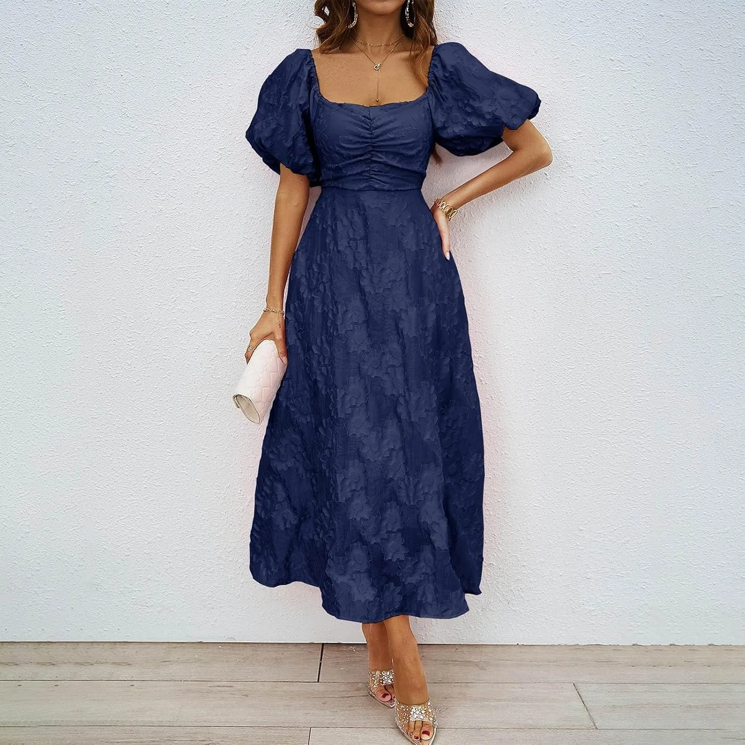 Women's Summer Boho Floral Print Long Dresses Square Neck Ruffle Short Sleeve Swing Beach Maxi Dress for Spring