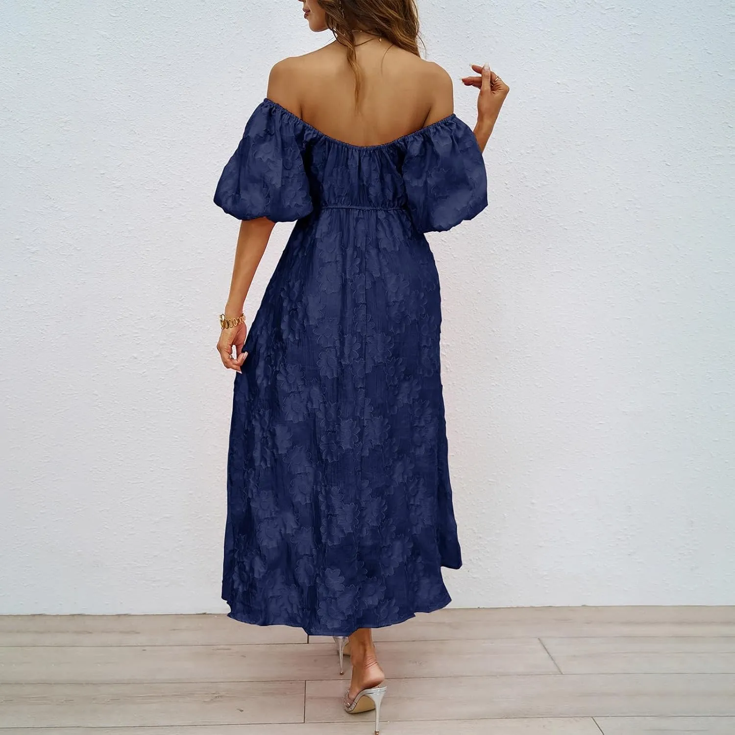 Women's Summer Boho Floral Print Long Dresses Square Neck Ruffle Short Sleeve Swing Beach Maxi Dress for Spring