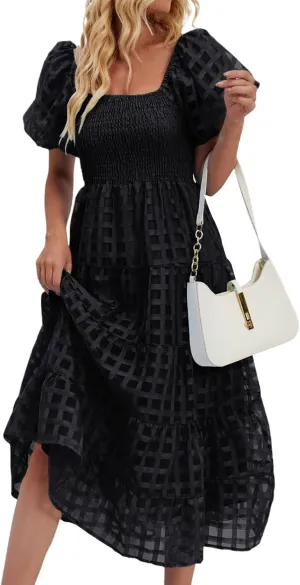 Women's Summer Boho Floral Print Long Dresses Square Neck Ruffle Short Sleeve Swing Beach Maxi Dress for Spring