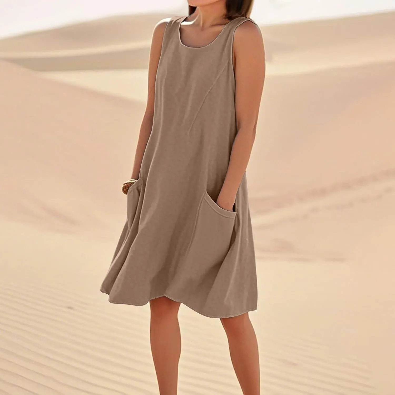 Women's Summer Casual Dress Sleeveless Cotton Linen Blend Floral Sundress Loose Beach Vacation Dress with Pockets