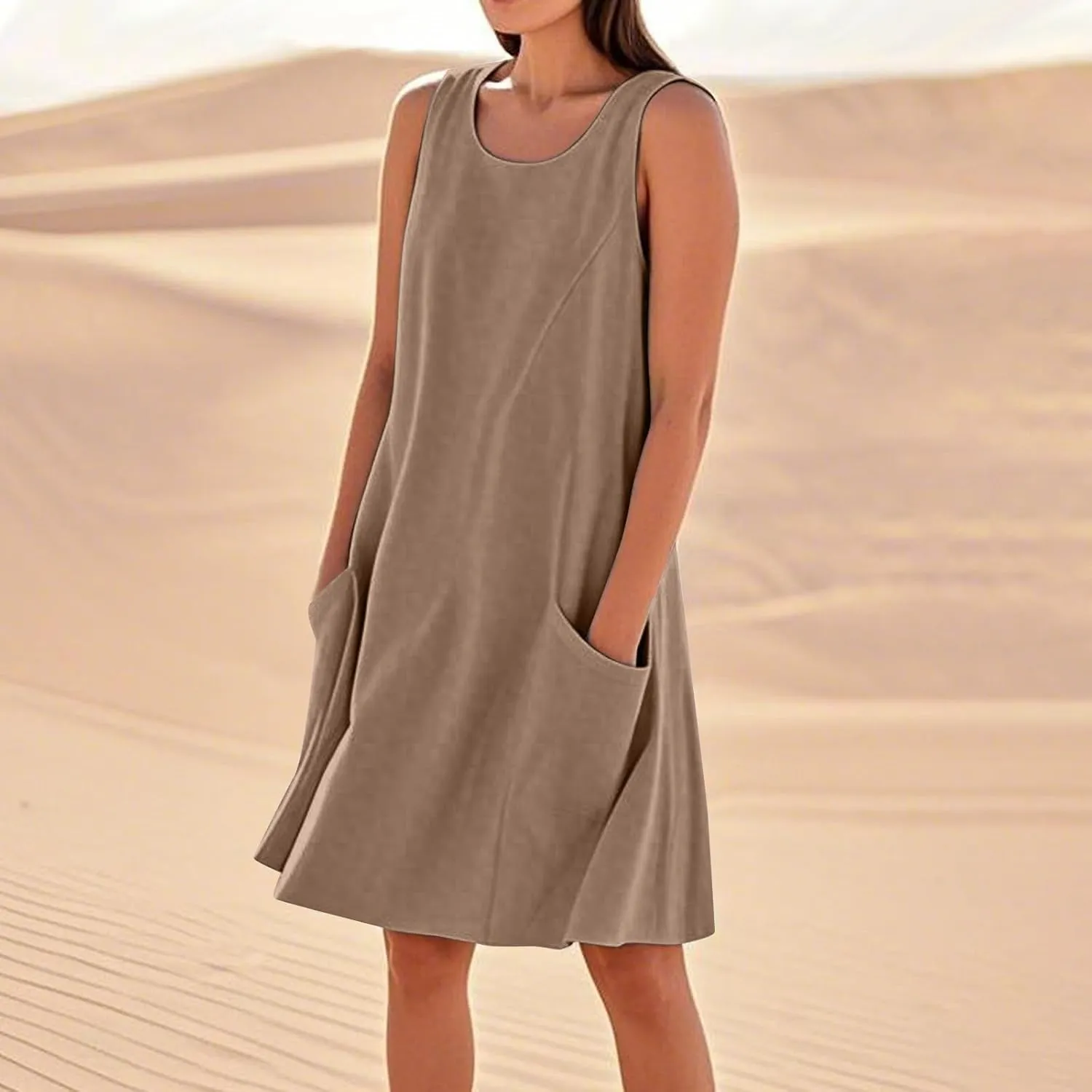Women's Summer Casual Dress Sleeveless Cotton Linen Blend Floral Sundress Loose Beach Vacation Dress with Pockets