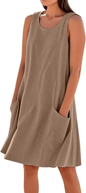 Women's Summer Casual Dress Sleeveless Cotton Linen Blend Floral Sundress Loose Beach Vacation Dress with Pockets