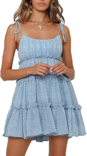 Women's Summer Casual Dresses Floral Print Crewneck Cute Sleeveless Loose Mini Dress Ruffle A-Line Short Dresses