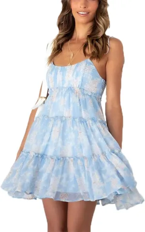Women's Summer Casual Dresses Floral Print Crewneck Cute Sleeveless Loose Mini Dress Ruffle A-Line Short Dresses