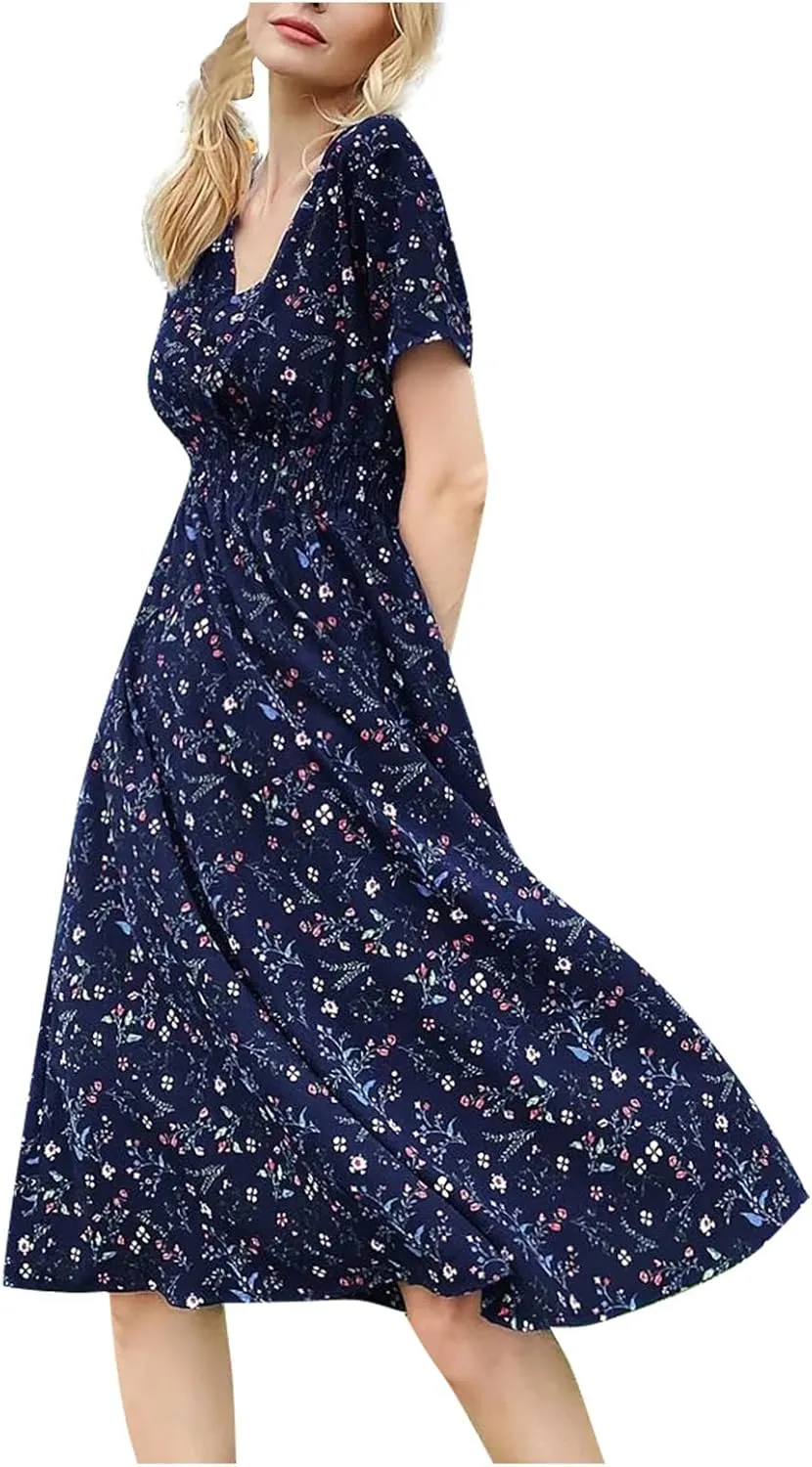 Women's Summer Casual Floral Print Boho Dress 2024 V-Neck Short Sleeve Maxi Dresses, S-5XL