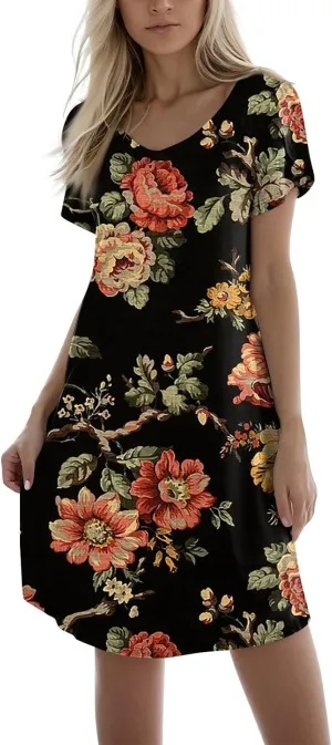 Women's Summer Dress Casual V Neck Short Sleeve Flowy Beach Loose Floral Tshirt Mini Dresses Casual, S-3XL