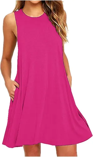 Womens Summer Dresses 2024 Casual Solid Color Sleeveless Sun Dresses Ladies Loose Fit Crewneck Swing Dress