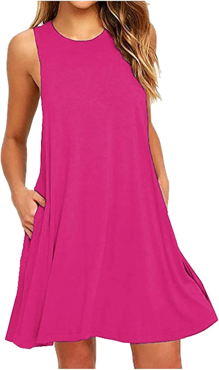 Womens Summer Dresses 2024 Casual Solid Color Sleeveless Sun Dresses Ladies Loose Fit Crewneck Swing Dress