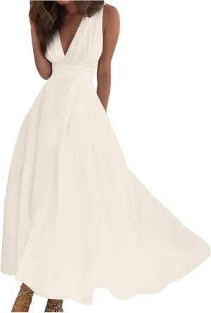 Women's Summer Dresses 2024 V-Neck Sleeveless Maxi Dresses Casual Outdoor Loose Solid Color Dress, S-3XL