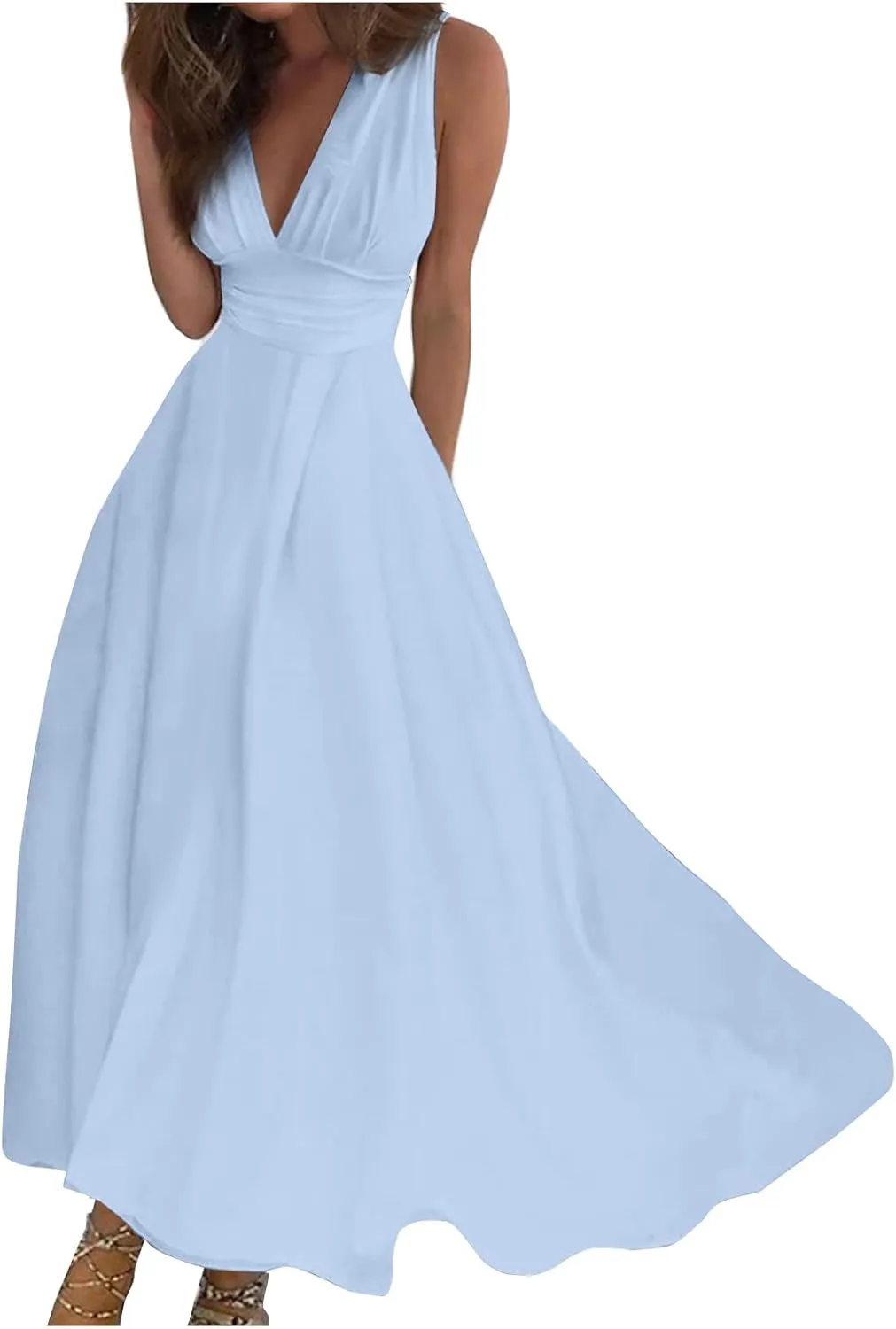 Women's Summer Dresses 2024 V-Neck Sleeveless Maxi Dresses Casual Outdoor Loose Solid Color Dress, S-3XL