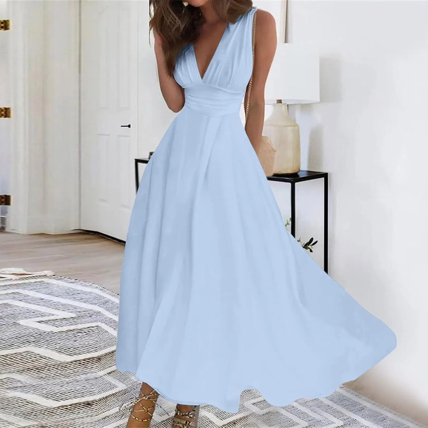 Women's Summer Dresses 2024 V-Neck Sleeveless Maxi Dresses Casual Outdoor Loose Solid Color Dress, S-3XL