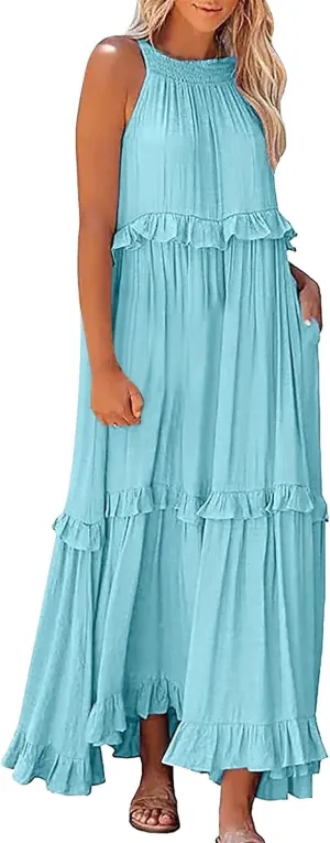 Womens Summer Dresses 2025 Casual Loose Sleeveless Tank Maxi Dress Swing Boho Smocked Layered Ruffles Sundress