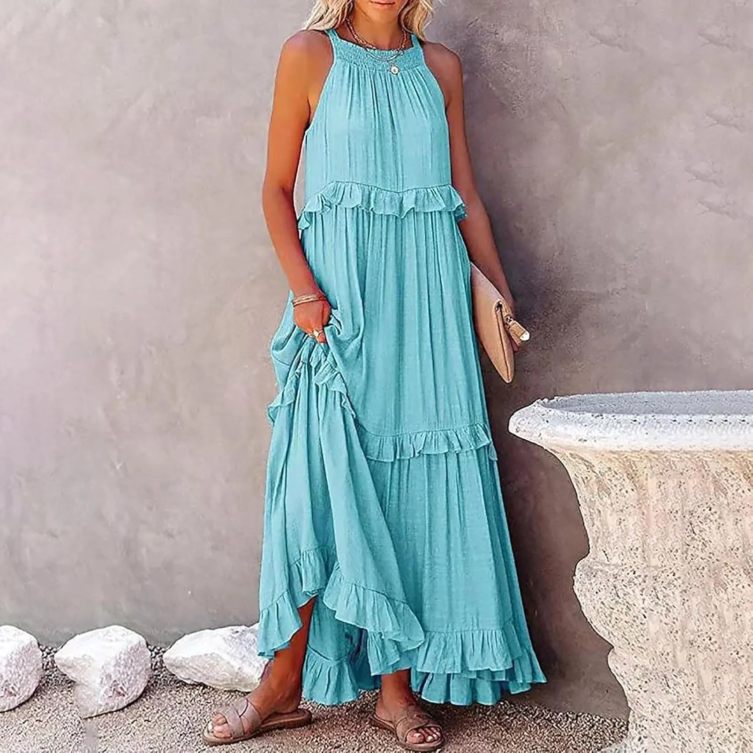 Womens Summer Dresses 2025 Casual Loose Sleeveless Tank Maxi Dress Swing Boho Smocked Layered Ruffles Sundress