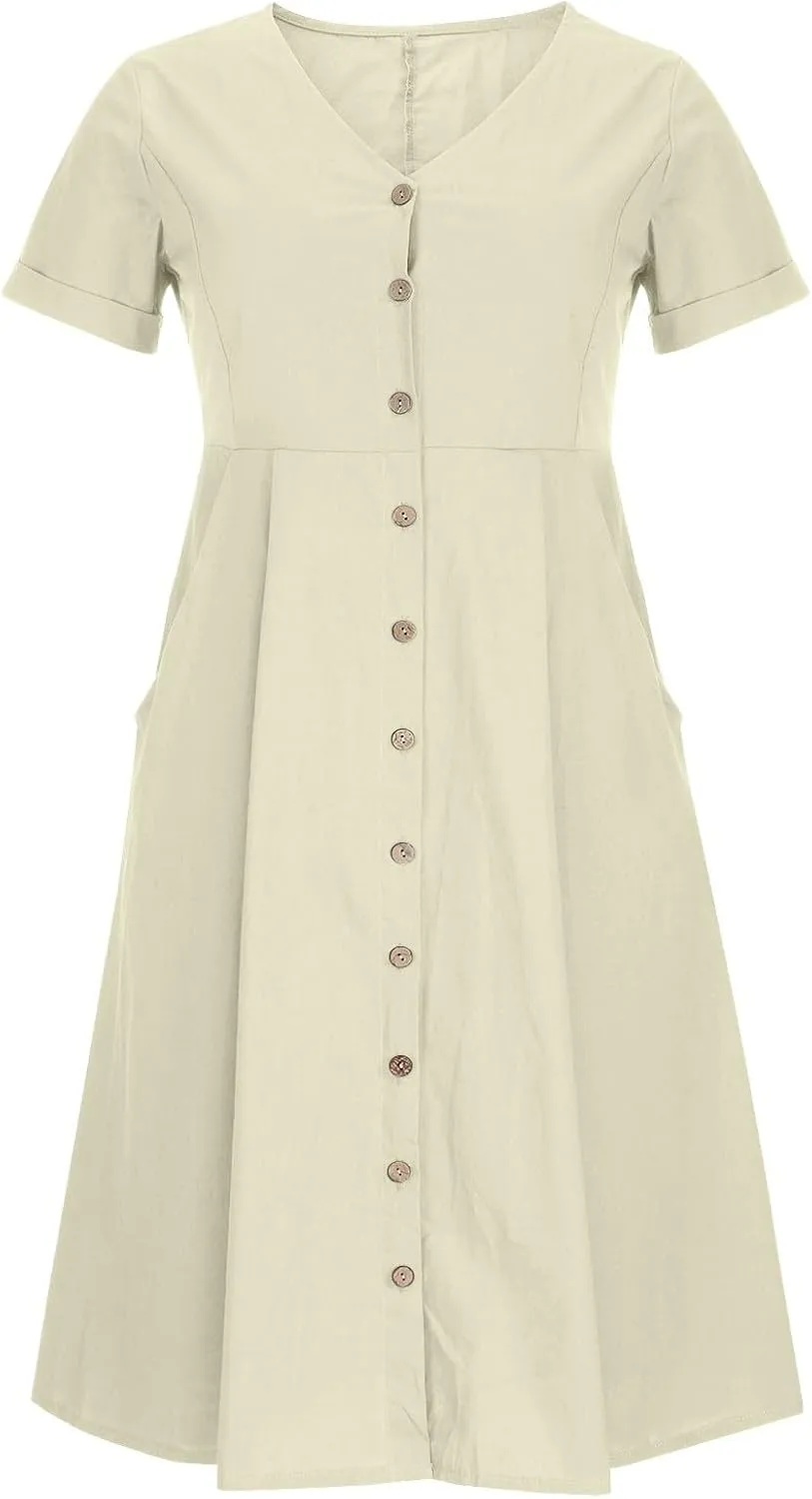 Women's Summer Dresses 2025 Casual Loose Trendy Short Sleeve V-Neck Solid Color Button Linen Dress Plus Size, S-5XL