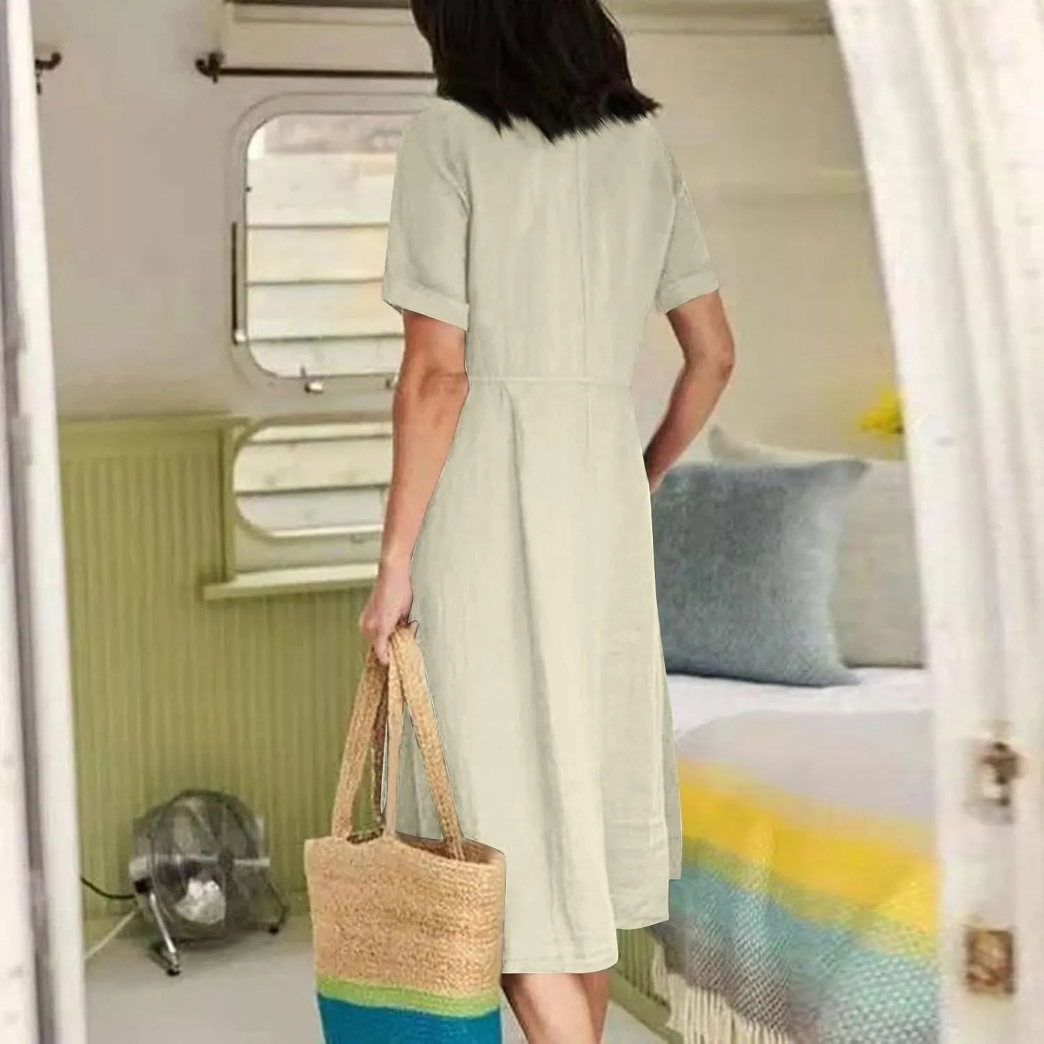 Women's Summer Dresses 2025 Casual Loose Trendy Short Sleeve V-Neck Solid Color Button Linen Dress Plus Size, S-5XL