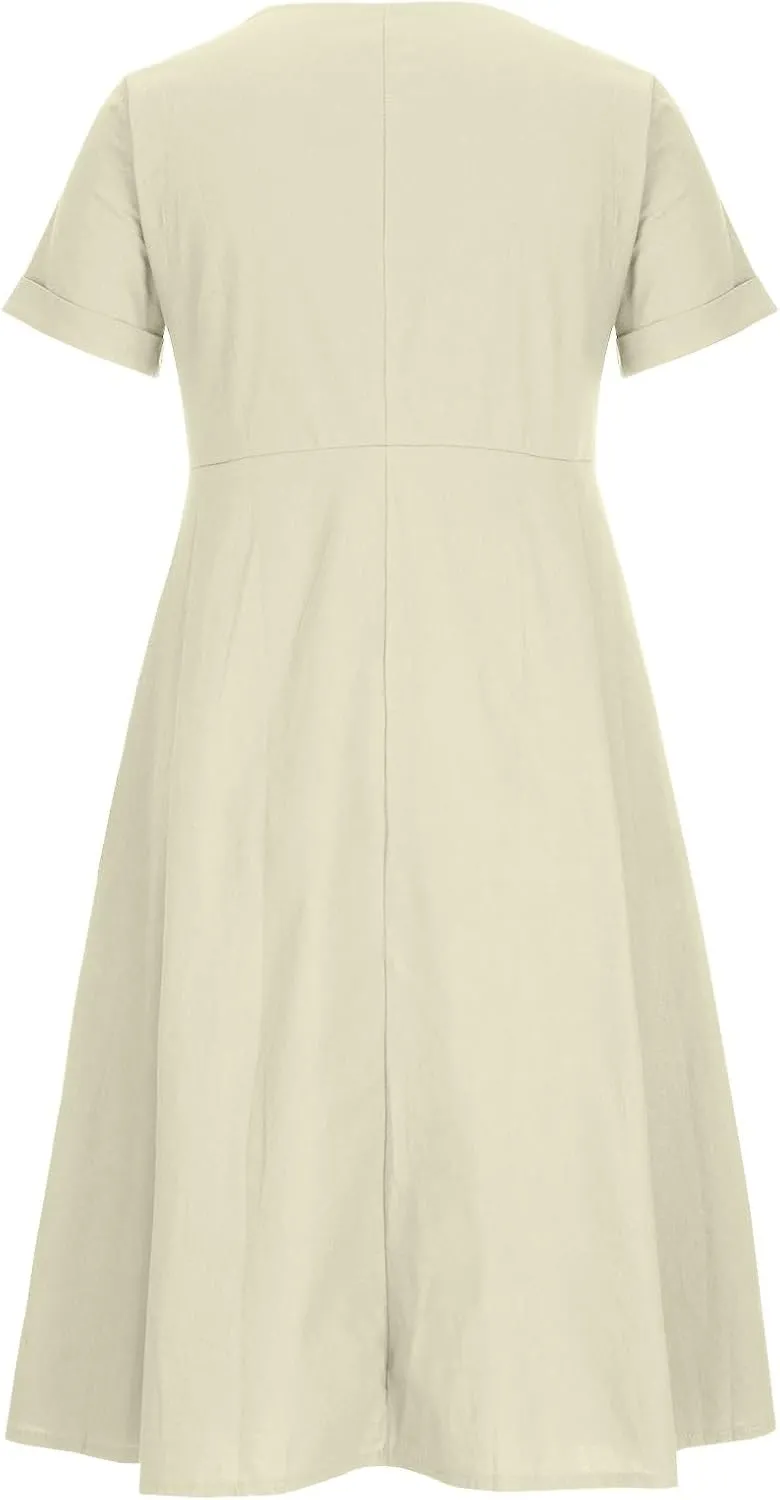 Women's Summer Dresses 2025 Casual Loose Trendy Short Sleeve V-Neck Solid Color Button Linen Dress Plus Size, S-5XL
