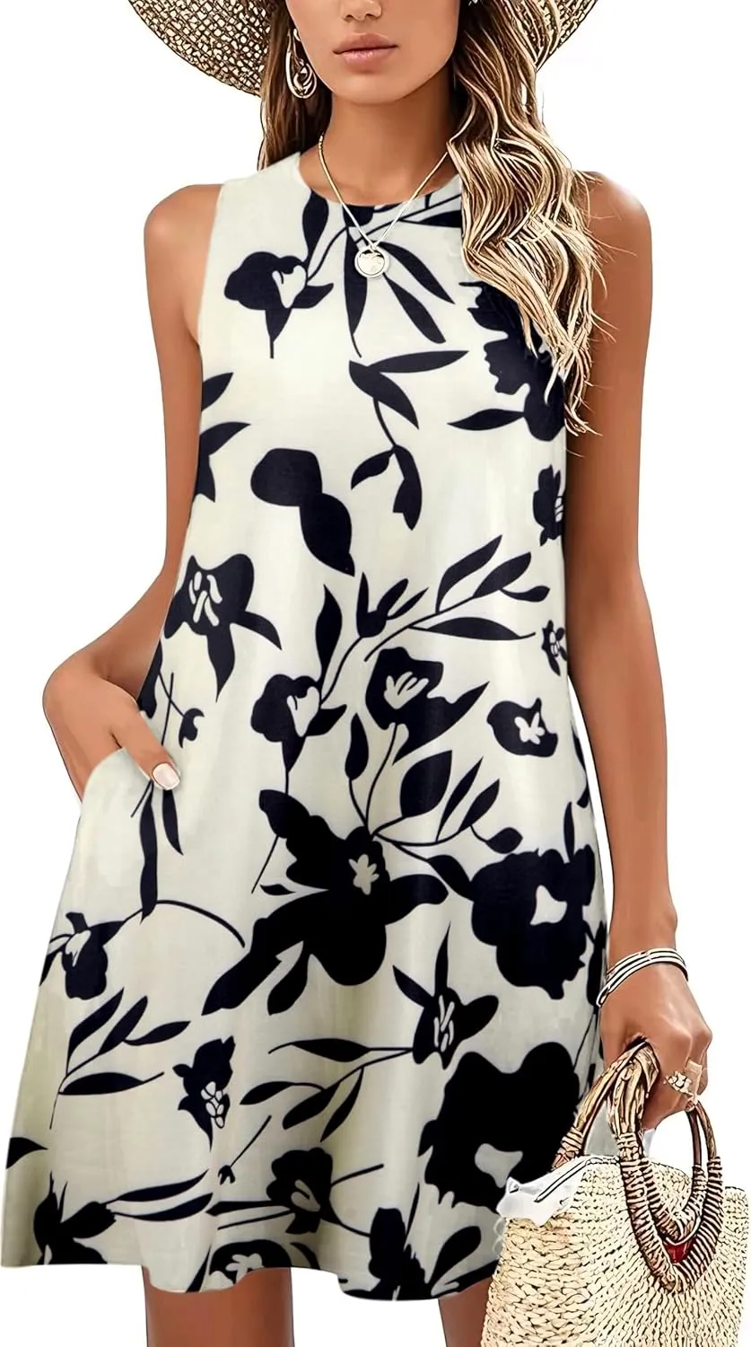 Women's Summer Dresses Beach Sundresses: Floral Sleeveless Tank Dress Hawaiian Tropical Casual Sun Dresses with Pocket