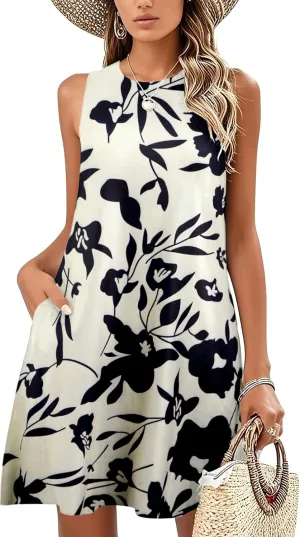 Women's Summer Dresses Beach Sundresses: Floral Sleeveless Tank Dress Hawaiian Tropical Casual Sun Dresses with Pocket