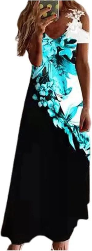 Women's Summer Dresses Boho Floral Print Loose Casual V-Neck Short Sleeve Long Maxi Dress 2024 Casual, S-3XL