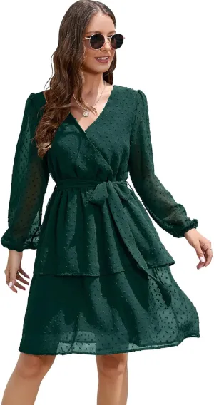 Women's Summer Dresses Casual Dress V Neck Ruffle High Waist Flowy Mini Dress with Belt